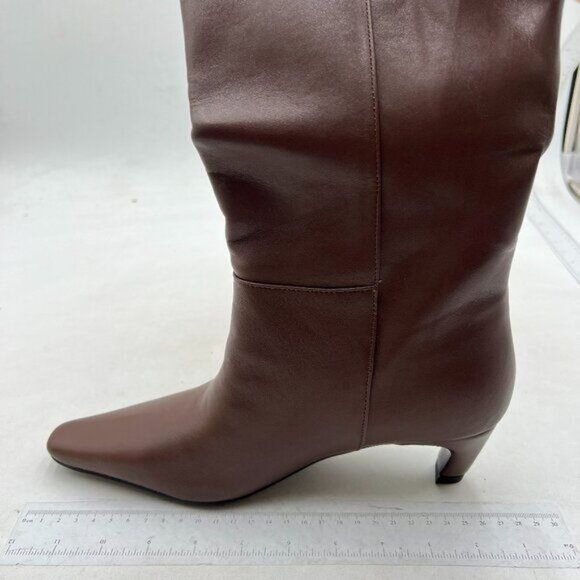 Women Stretchy Knee High Boots Closed Square Toe Low Kitten Heel Autumn Brown - Picture 1 of 7